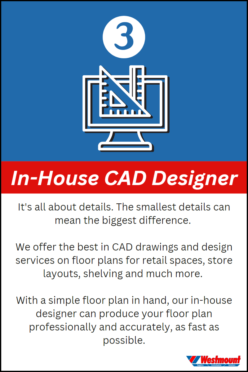 In-House CAD Designer- We offer the best CAD drawings and design services on floor plans for retail spaces, store layouts, shelving and much more.